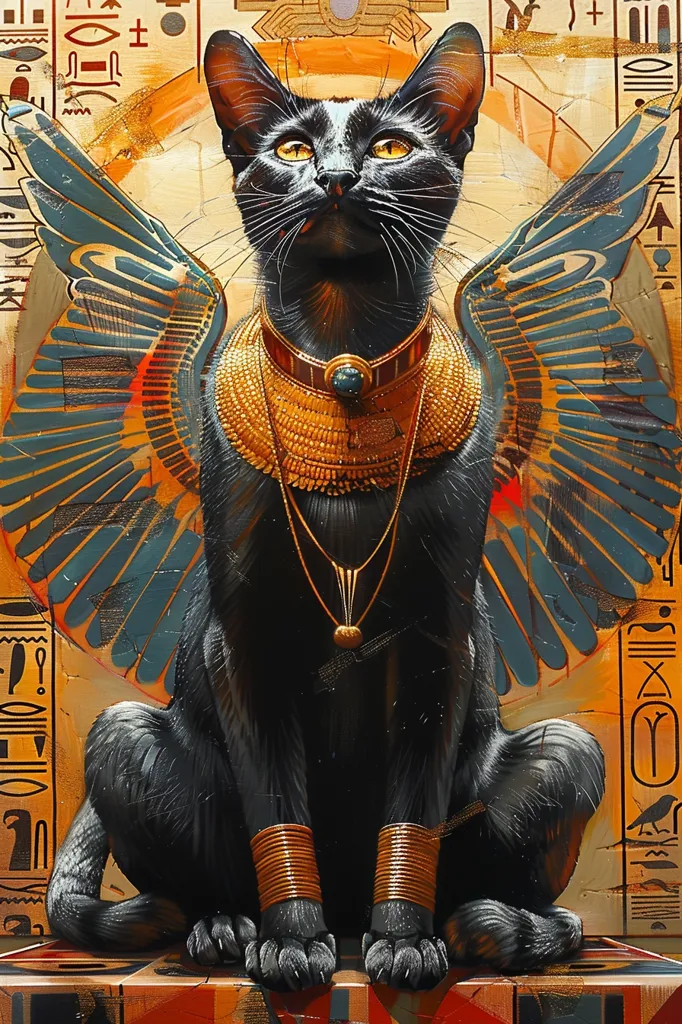 A black cat with golden wings and jewelry sits regally against a backdrop of ancient Egyptian hieroglyphs. The cat's piercing gaze and intricate adornments evoke a sense of power and divinity. The vibrant colors and intricate details of the painting create a captivating and mystical atmosphere.