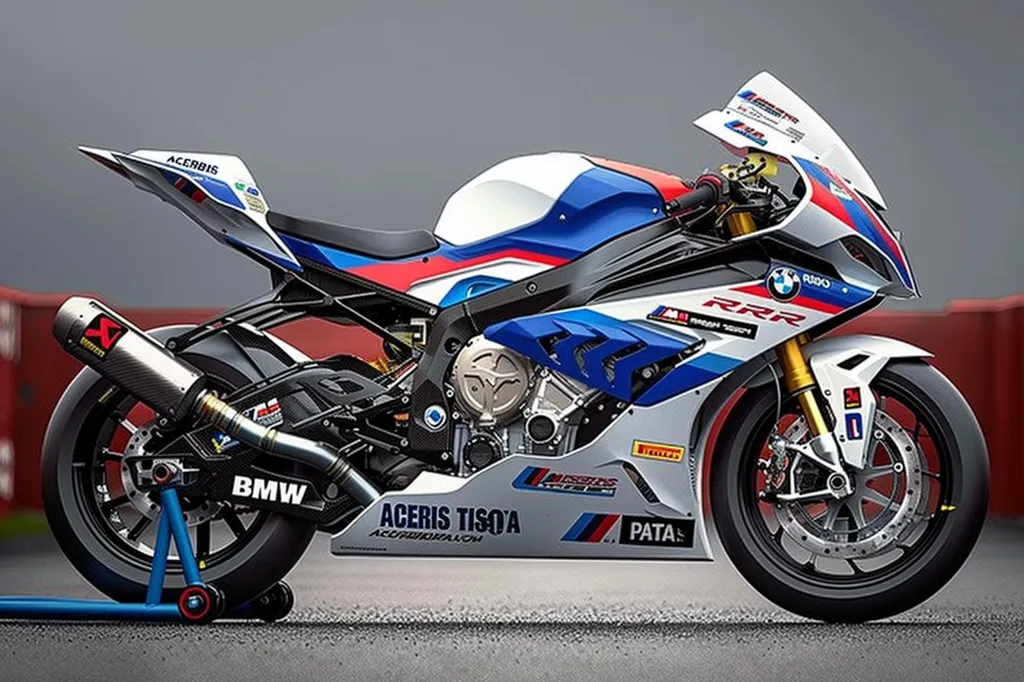 A white, blue, and red BMW motorcycle is shown on a gray surface. It is a racing motorcycle with the number "19" on the side, the word "RRR" and the brand's logo. It has a large exhaust pipe with an "X" on it. The bike is on a blue motorcycle jack and is ready for action.