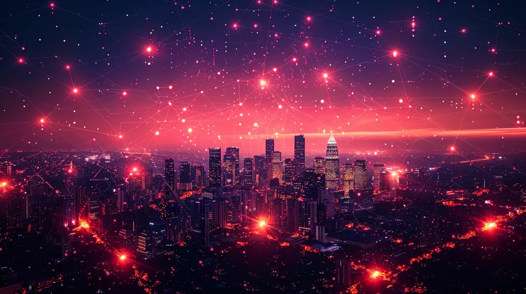 The image shows a modern city skyline at night, illuminated with a network of glowing lights. A red, starry sky with a web of interconnected lines dominates the scene, creating a sense of connection and technological advancement. The city lights and the network design suggest a concept of urban life, technology, and digital connectivity.