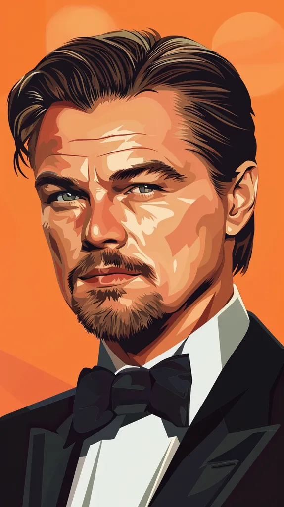 The image is a digital illustration of Leonardo DiCaprio. He has short, dark hair, a goatee, and is wearing a black tuxedo with a bow tie. He is looking off to the side with a serious expression. The background is a blurry orange color.  The overall style is realistic and detailed.
