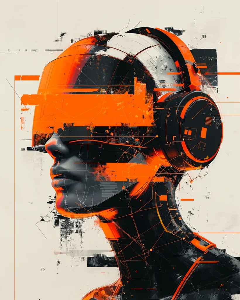 The image depicts a futuristic robot, partially obscured by a headset and a large, orange, glowing visor. The robot is rendered in a digital style, with sharp lines and a black and orange color scheme. The background is a white canvas with black and orange abstract shapes and lines, adding to the digital aesthetic. The image suggests a sense of technology and advancement.