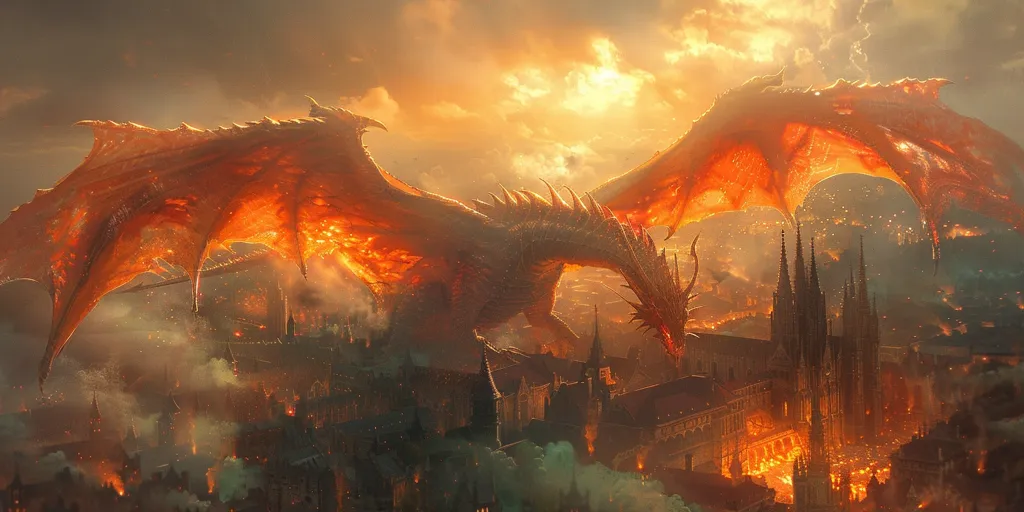 A fiery red dragon with outstretched wings dominates the scene, casting a menacing shadow over a medieval city. The dragon's scales shimmer with an intense heat, and its eyes glow with an evil light. Below, the city is engulfed in flames, with smoke billowing into the air. The scene evokes a sense of impending doom, with the dragon's presence a harbinger of destruction.  The sky is ablaze with the fiery orange glow of the setting sun.