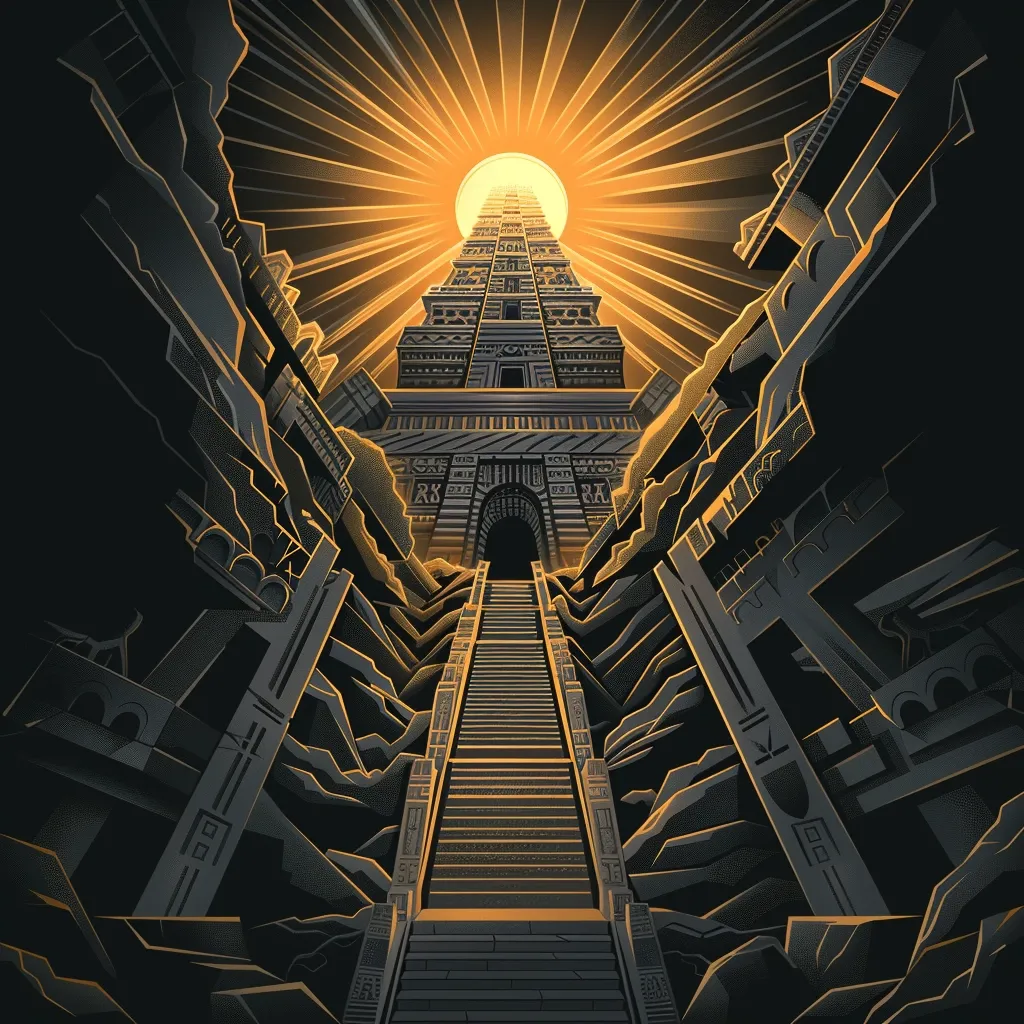 The image depicts a tall, ancient temple with a stairway leading up to it. The temple is illuminated by a bright sun overhead, casting a golden glow over the structure and surrounding area. The temple is built of stone, and its walls are decorated with intricate carvings. The image has a sense of mystery and adventure, suggesting the temple may hold secrets and treasures within.