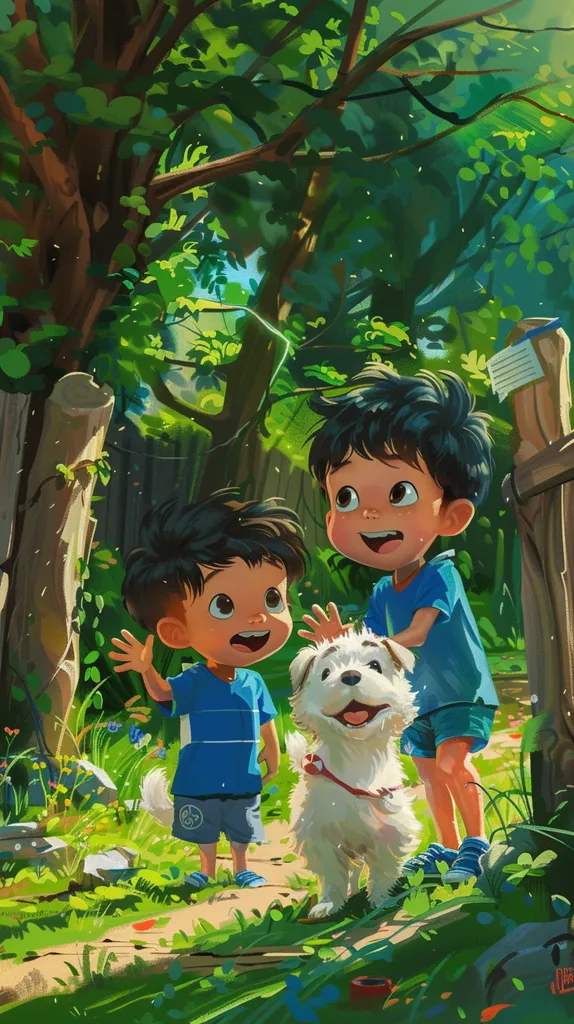 Two young boys with dark hair are walking through a lush green forest. They are wearing blue shirts and shorts and smiling. They are accompanied by a small white dog with floppy ears and a big smile. The dog is on a red leash and is walking next to the boys. The forest is full of green trees and bushes, and the ground is covered in leaves and flowers. The sun is shining brightly through the trees.  The boys are enjoying their walk in the woods.