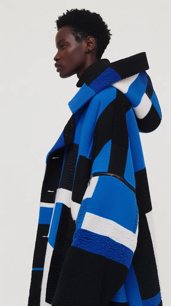 A young woman with short, dark hair is wearing a blue, black, and white hooded jacket with a geometric pattern. The jacket has a zip-up front and a fluffy, warm lining. The woman is looking to the side, and her expression is serious. The background is a plain white wall.