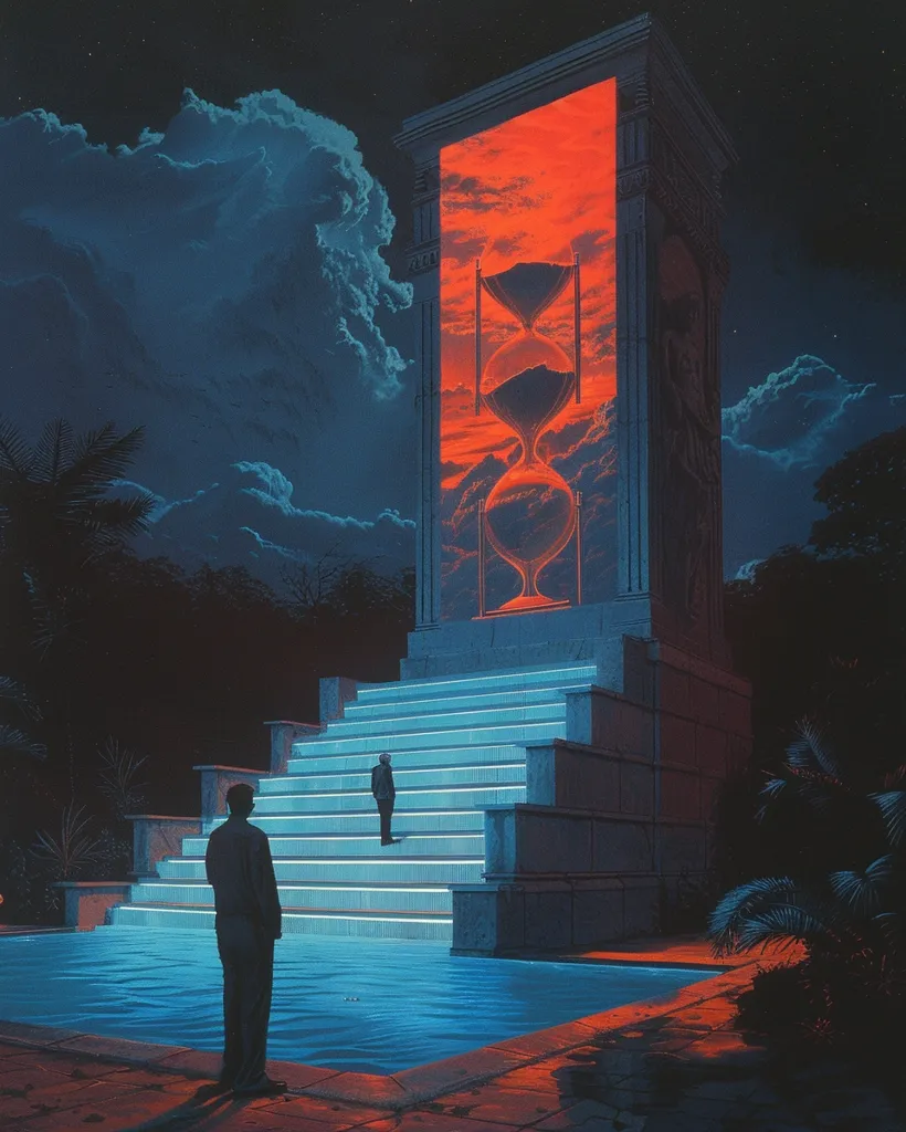 A large, rectangular structure stands against a dark night sky. A glowing hourglass is visible through its open portal, set against a red, cloudy backdrop. Blue steps lead down to a pool of water, where two figures stand silently, one at the top of the steps and one at the bottom. The scene is a mixture of mystery and tranquility, suggesting a passage of time and a journey towards something unknown.