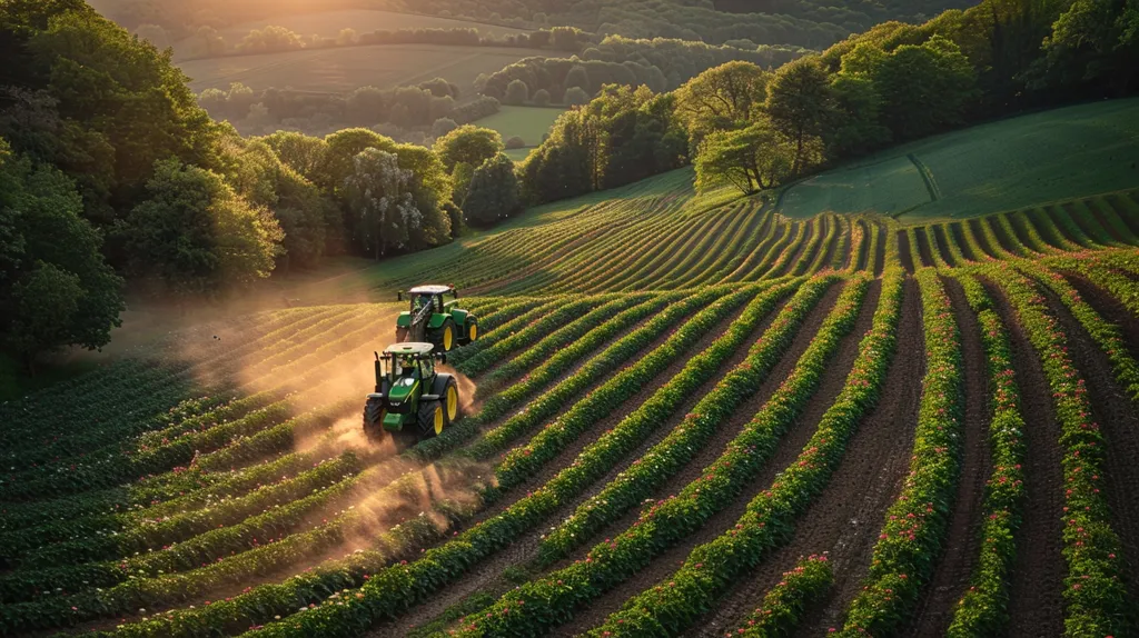 Two green tractors drive uphill on a field of green crops, the rows of which curve and undulate across the hillside. Trees line the edge of the field, with a golden glow emanating from the sun behind the trees. Dust kicks up from the tractors' tires as they ascend the hillside.