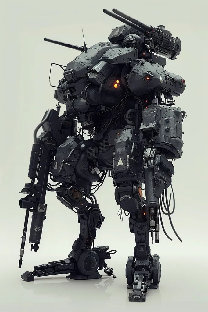 A futuristic, heavily armed, bipedal mech stands on a white surface.  It is black with orange lights and a weapon mounted on its arm.  The mech is detailed with pipes, wires, and panels, giving it a complex and imposing appearance. The image is rendered in a realistic style, emphasizing the mech's size and power.
