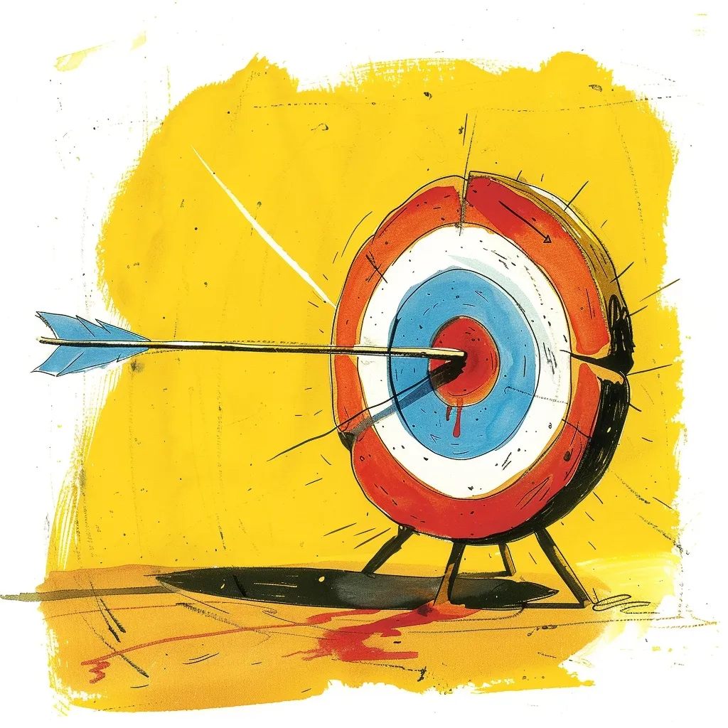 The image depicts a target with an arrow through the center. The arrow is blue and white and has pierced the red bullseye, leaving a trail of blood on the yellow surface. The target is positioned on three legs and casts a shadow. The background is a vibrant yellow with a sketchy, hand-drawn style. The image implies a sense of violence and aggression, with the blood symbolizing the impact of the arrow.