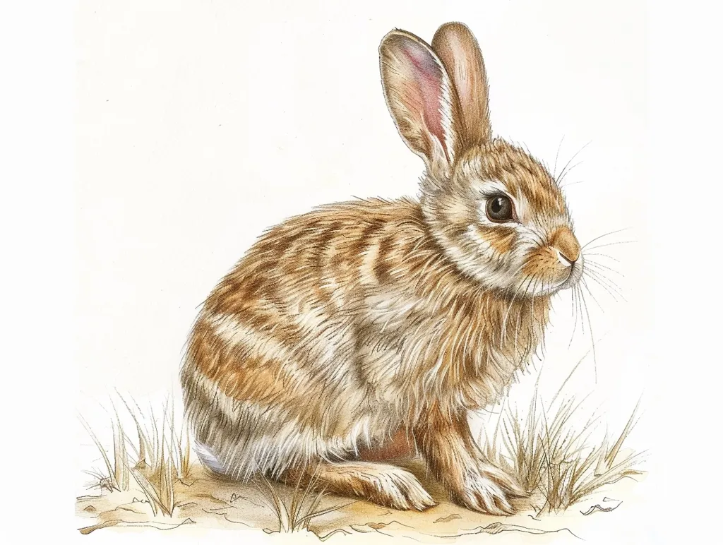 A  brown and white rabbit with long ears sits in a patch of brown grass. It has large, dark eyes and a long, fluffy tail. Its fur is very detailed and realistic. The rabbit is looking off to the side. The background is white.