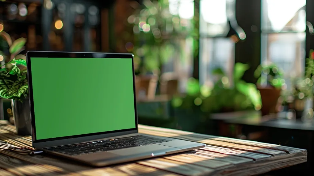 A laptop with a green screen sits open on a wooden table in a cafe. The laptop is the focal point of the image, while the background is blurred and out of focus. The cafe is filled with green plants and natural light, creating a serene and relaxing atmosphere.  The laptop is ready for use with its blank green screen, offering endless possibilities for visual content.