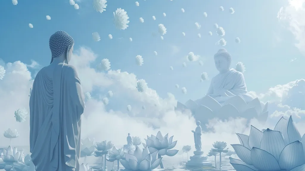 The image depicts a serene and ethereal scene. Two white Buddha statues stand amidst a field of white lotus flowers. The sky is filled with soft, white clouds, and the image is dominated by a light blue hue. The statues are bathed in a soft glow, creating an atmosphere of peace and tranquility. The overall effect is one of serenity and spiritual enlightenment.