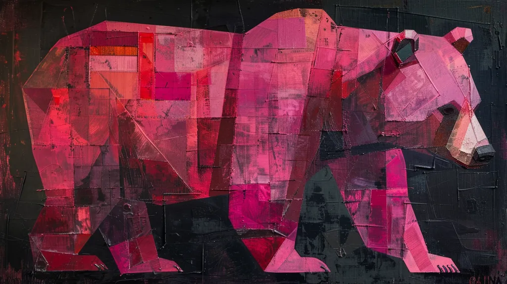The image is a painting of a pink bear standing on a black background. The bear is made up of many different shapes and colors, giving it a geometric and abstract look. The artist has used bold strokes of paint to create a textured and expressive surface. The bear's face is particularly striking, with its large, dark eyes and strong jawline. The overall effect is one of power and energy.