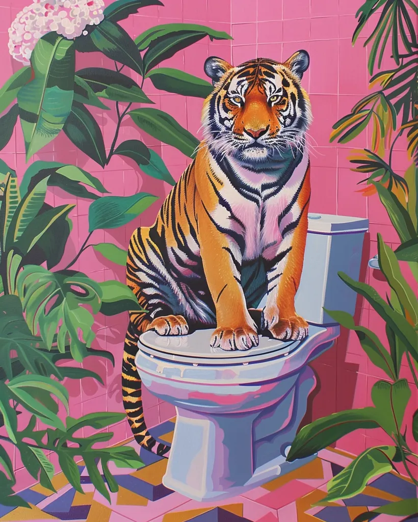 The painting depicts a tiger sitting on a white toilet in a bathroom. The bathroom is tiled with pink tiles, and there are green plants growing in the room. The tiger looks directly at the viewer, with a serious expression. The painting has a surreal quality, as the tiger is not a common sight in a bathroom.  The bright colors and playful composition create a sense of whimsy and lightheartedness.