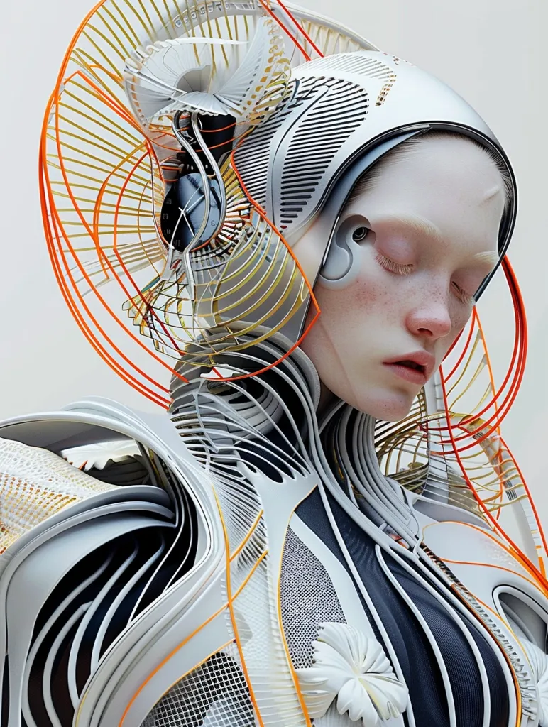 The image depicts a futuristic cyborg with a white and silver helmet adorned with intricate, layered patterns. The helmet features an orange, geometric halo and a large, circular component on the side. The cyborg's face is delicate with closed eyes, and their body is covered in a complex network of white and orange wires, creating a striking contrast.  A small, white flower adorns the shoulder, adding a touch of organic beauty to the otherwise technological aesthetic.  The overall image evokes a sense of advanced technology and human-machine integration.