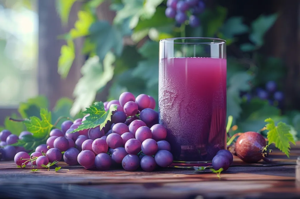 A tall glass of deep purple grape juice sits on a wooden table, surrounded by ripe purple grapes and a few leaves. The background is a blurry shot of a green vine, creating a natural, refreshing scene. The cool juice and juicy grapes suggest a delightful and healthy summer treat.