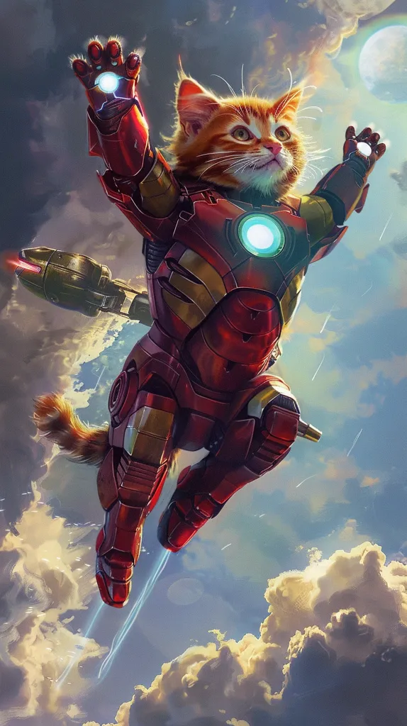 A ginger cat is wearing a red and gold Iron Man suit, flying through the sky. The cat has a determined expression on its face and its tail is flowing behind it. The background is a cloudy sky with a bright moon visible. The cat appears to be soaring above the clouds, showcasing its superhero abilities.  The image is a humorous and imaginative depiction of a cat as a superhero.