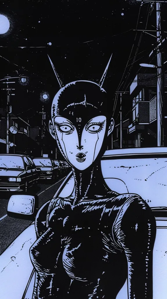 A black and white illustration of a woman with large, expressive eyes, sharp cheekbones, and a sleek, futuristic look. She stands against a backdrop of a city street at night, with buildings and cars visible in the background. Her expression is one of surprise or shock, her mouth slightly open and her eyes wide. The image has a dark, gritty, and somewhat unsettling atmosphere.