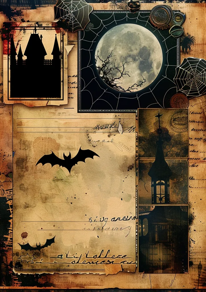 A vintage Halloween-themed collage with a distressed background. It features a full moon, a spooky castle silhouette, bats, spider webs, and a vintage-style church. The image is overlaid with handwritten text and aged paper textures. It evokes a feeling of mystery and the supernatural.