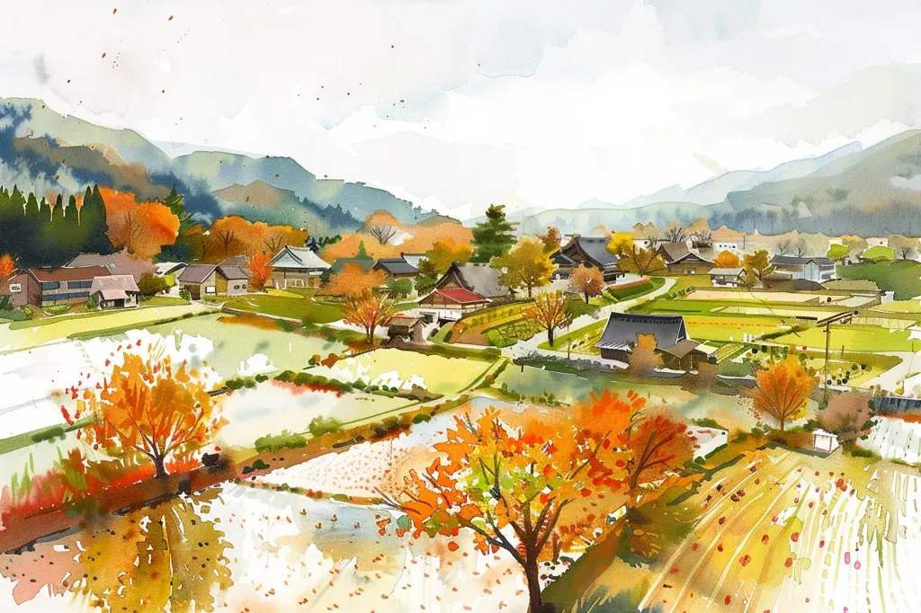 The watercolor painting depicts a serene countryside landscape. A small village nestled amidst rolling hills is bathed in the warm hues of autumn. Lush green fields are dotted with vibrant red and yellow foliage, creating a picturesque scene. The village houses, with their traditional architecture, blend harmoniously with the surrounding nature. The painting evokes a sense of tranquility and peace, capturing the beauty of a countryside in autumn.
