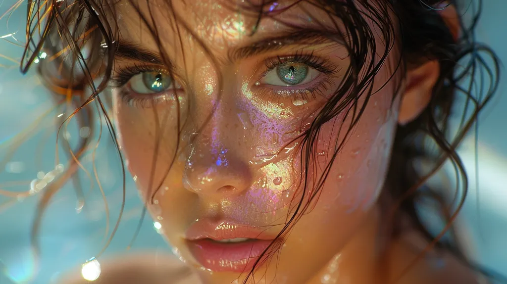 A close-up of a woman's face with wet, dark hair framing her features. Her skin is glistening with water droplets, and her eyes are a deep blue with a hint of green. The light catches her face, creating a shimmering, almost ethereal glow. Her lips are slightly parted, suggesting a sense of vulnerability and longing.