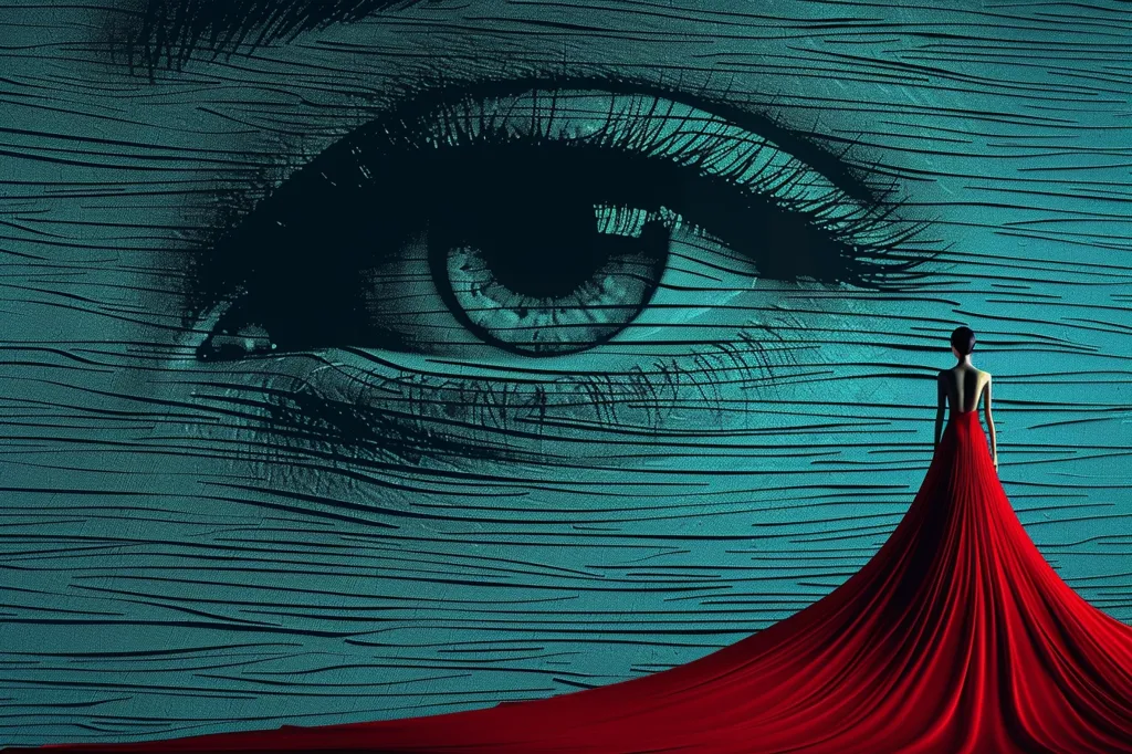 A woman in a long red dress stands in front of a large, teal eye. The eye is drawn in a textured, almost wooden style, with lines forming the iris and pupil. The woman's back is to the viewer, and her dress trails out behind her, flowing like water. The image creates a surreal and somewhat unsettling atmosphere.