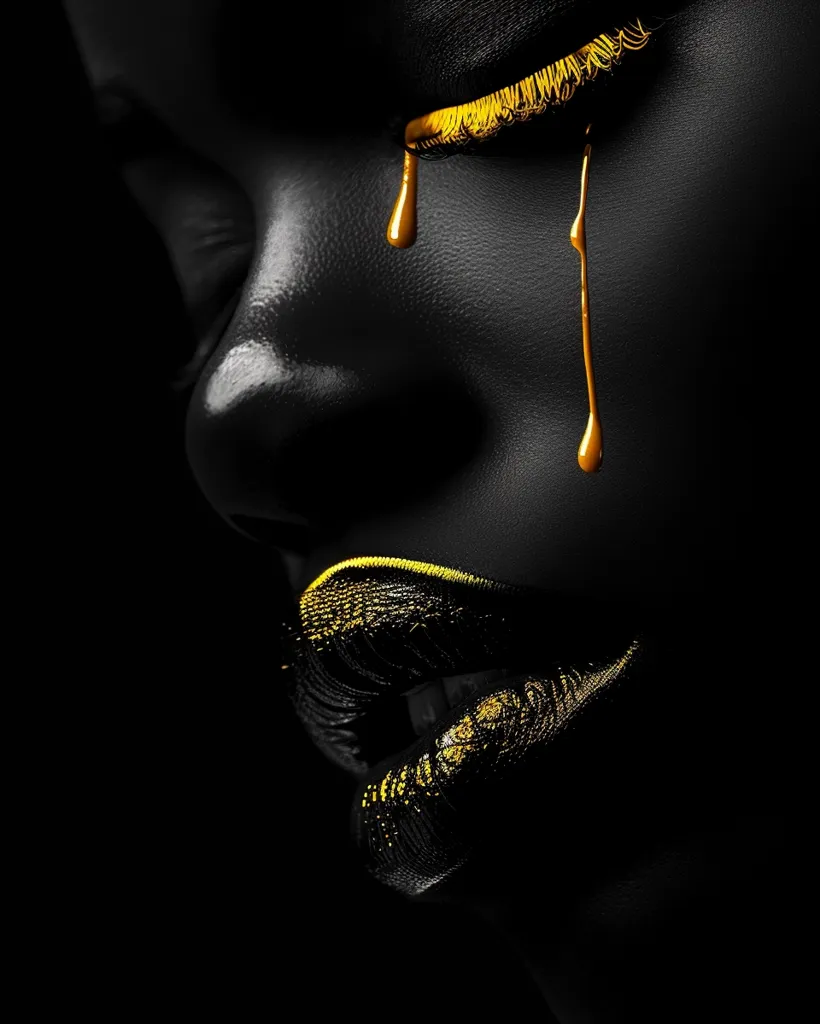 A close-up shot of a woman's face with dark skin and dramatic makeup. Her lips are outlined in gold and her lower lashes are decorated with shimmering gold glitter that drips down her cheek in golden streaks. The image is captured in a shadowy, dramatic fashion.