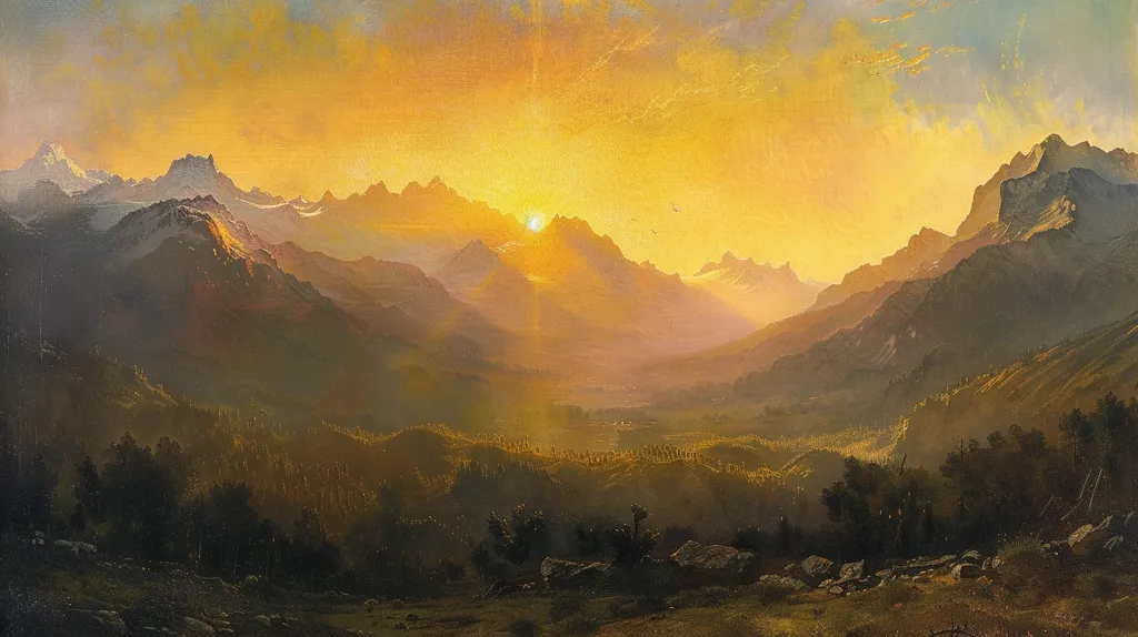 The painting depicts a mountain range bathed in the golden light of a setting sun. The peaks are silhouetted against a sky filled with soft, hazy clouds. The lower slopes are covered in a dense forest, and the valley below is bathed in a warm, ethereal glow. The overall effect is one of tranquility and serenity.