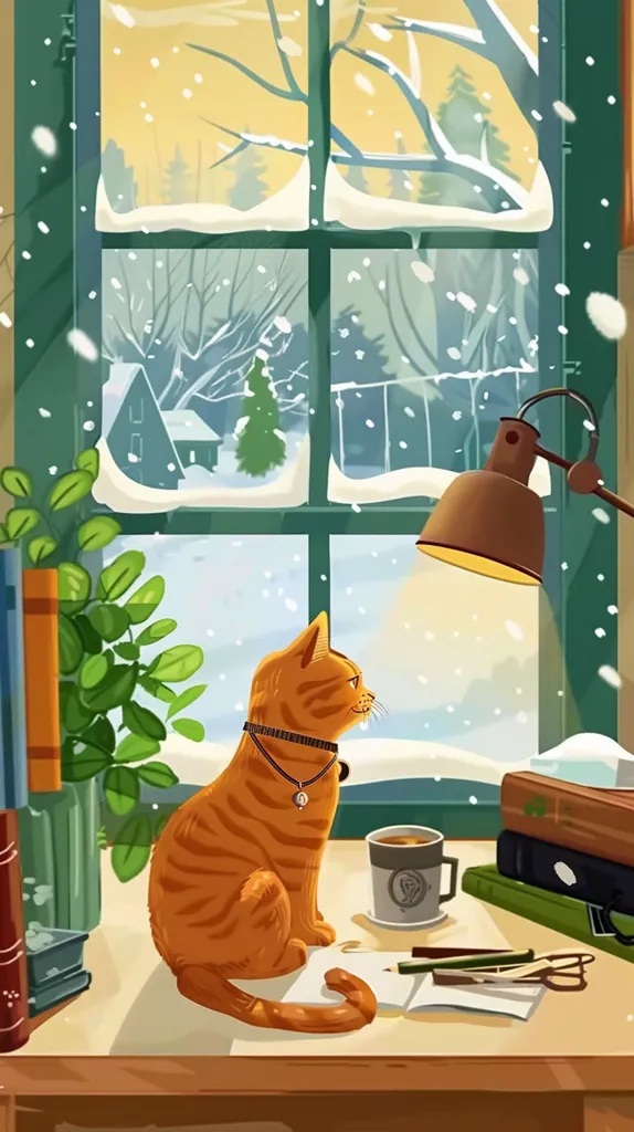 A ginger cat sits on a wooden table near a window, gazing out at a snowy scene. A lamp illuminates the cat and the table, which is covered in books, a cup of coffee, and writing materials. The window is divided into panes, showcasing a wintery landscape. Snowflakes fall outside, creating a cozy and peaceful atmosphere.  The cat's warm fur contrasts with the cool tones of the wintry scene.
