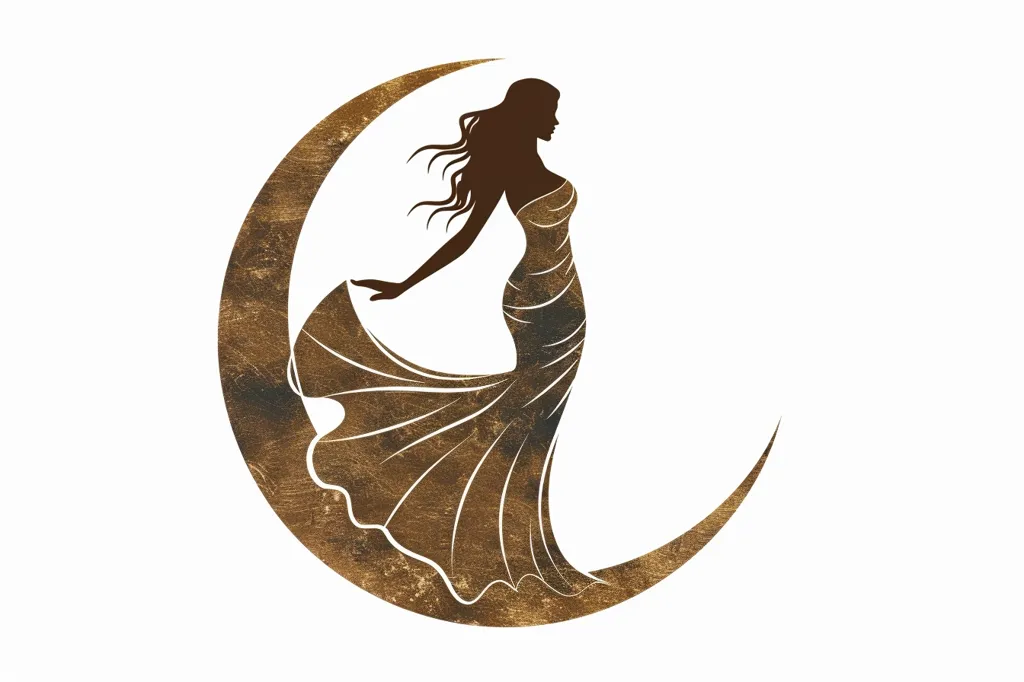 The image is a silhouette of a woman in a flowing dress standing on a crescent moon. The woman is facing to the right and her hair is flowing behind her. The moon is a dark brown color, while the woman is a lighter brown. The image is simple and elegant.