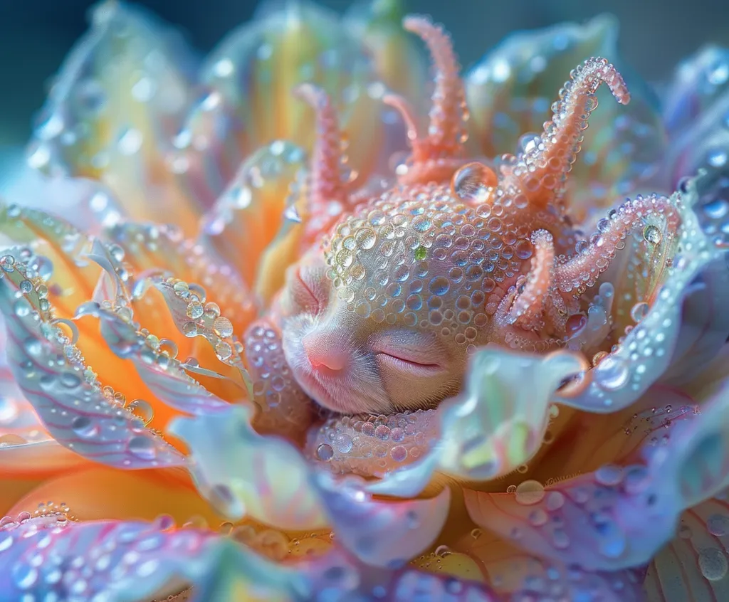 A small, white kitten with pink ears and paws sleeps peacefully inside a delicate, pastel-colored flower. The flower petals are covered in sparkling dewdrops, creating a magical and ethereal scene. The kitten's soft fur and the flower's delicate petals create a sense of tenderness and beauty. The image captures a moment of pure innocence and tranquility.