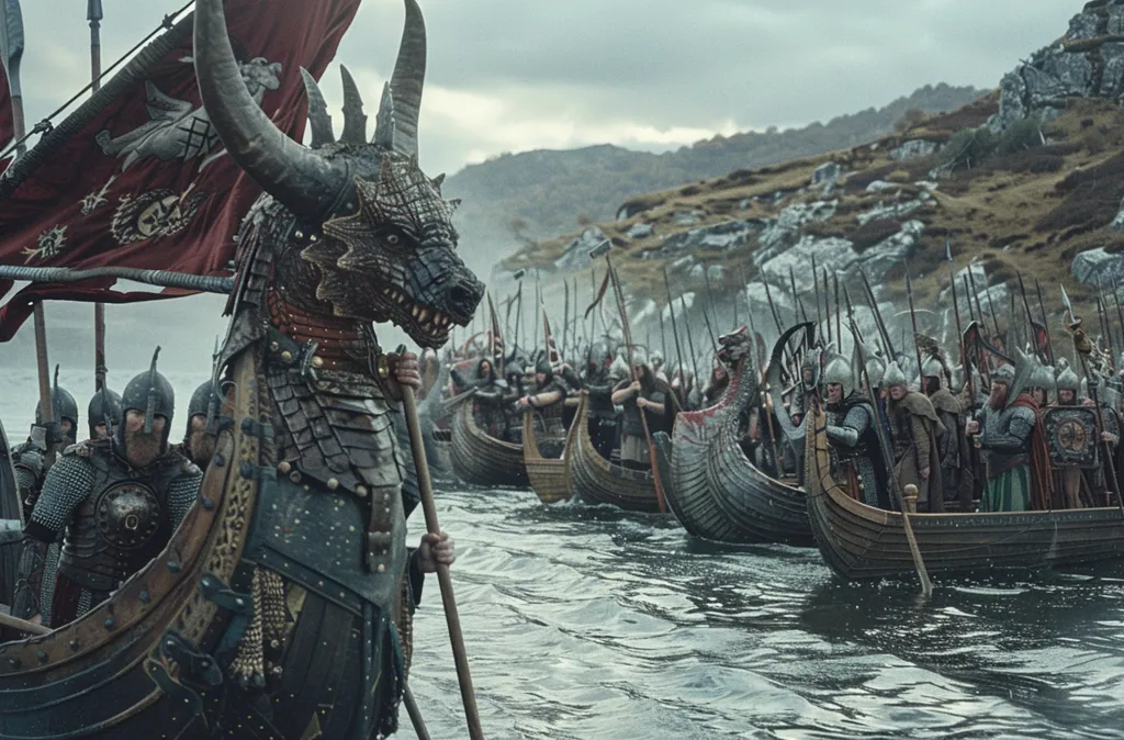 A Viking war fleet sails across a choppy body of water. The lead ship is adorned with a dragon's head, and the men onboard are armed with spears and axes. They are flanked by other longships, filled with warriors and carrying banners of red and gold. The scene is set against a backdrop of rugged, rocky hills. The image evokes a sense of power, aggression, and a coming battle.