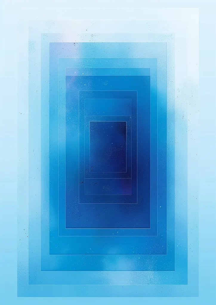 The image is a minimalist abstract design featuring a series of nested squares. The squares are filled with shades of blue, ranging from light to dark. The background is a soft, light blue. The overall effect is one of depth and perspective, with the nested squares creating a sense of receding space. The image is simple yet visually compelling, evoking feelings of tranquility and contemplation.