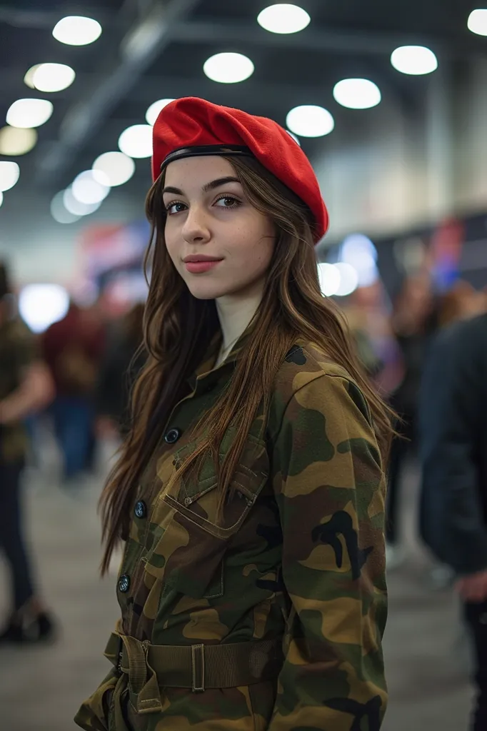 A young woman with long brown hair and a red beret looks directly at the camera. She is wearing a camouflage jacket with a brown belt. The background is blurred and shows a crowded space with bright lights.  She has a confident and slightly serious expression. The image suggests a sense of style and personality.