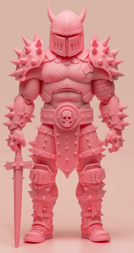 The image shows a pink action figure of a warrior. He is wearing a helmet with horns, a spiked breastplate, and matching spiked gauntlets. His armor also features a skull motif. He is holding a sword and his stance is ready for battle.  The background is a soft pink color.