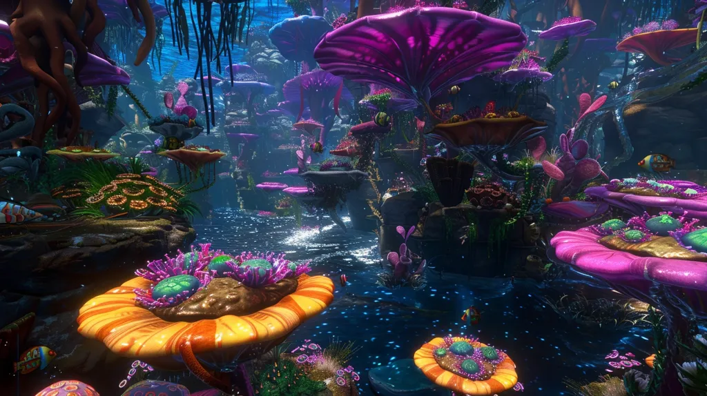 The image depicts a fantastical underwater world with vibrant coral, giant mushrooms, and bioluminescent flora. A sparkling blue-green water surface fills the foreground, reflecting the glow of the magical underwater landscape.  Fish swim through this vibrant, alien environment. The scene evokes a sense of wonder and mystery.