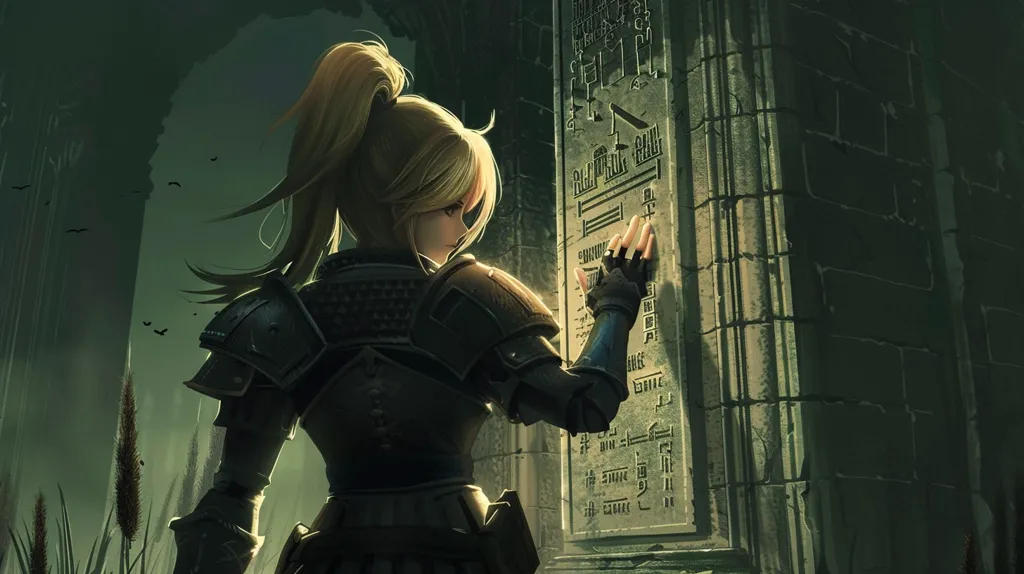 A woman in dark armor stands in front of a stone slab covered in ancient writing. Her blonde hair is tied back in a ponytail, and she is looking intently at the slab, her right hand touching the surface. The background is dark and overgrown, with tall grass and a stone pillar visible to the left. The overall atmosphere is mysterious and foreboding.