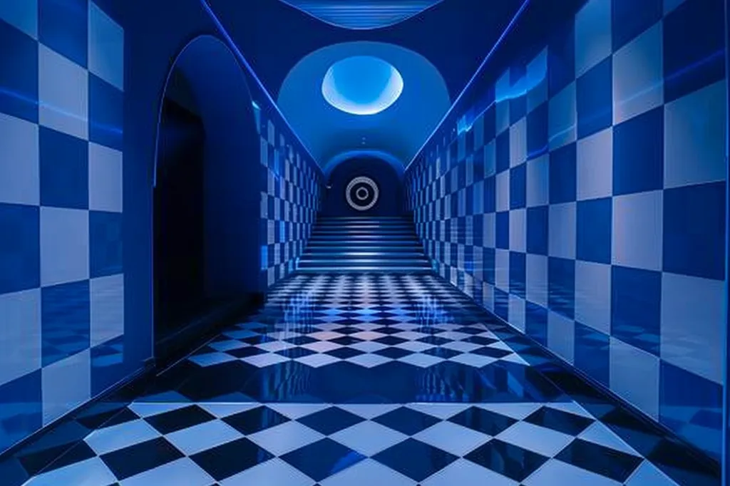 The image shows a long, narrow hallway with checkered blue and white walls. The floor is also checkered, with a blue circular pattern at the end of the hallway leading up to a set of stairs. The hallway is brightly lit and creates a sense of depth and mystery.  The walls are smooth and reflective, giving the hallway a sense of grandeur.