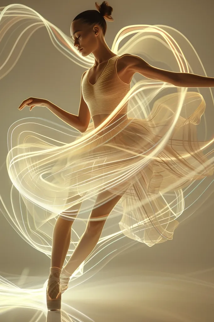 A ballerina in a flowing white dress dances gracefully, her body creating a mesmerizing silhouette against a background of swirling golden light. Her posture exudes strength and elegance as she moves with effortless grace, captivating the viewer with her artistry.  The delicate fabric of her dress seems to dance in harmony with her movements, enhancing the ethereal quality of the scene. The image captures the essence of ballet, a timeless art form that embodies beauty and grace.