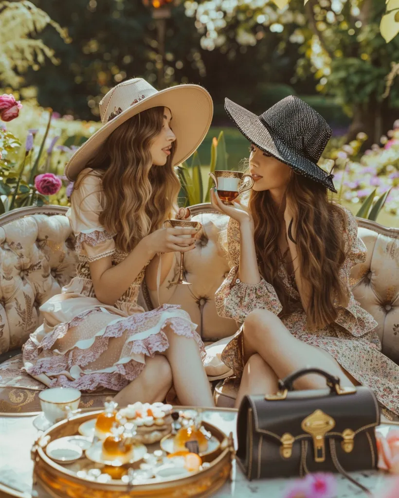 Two young women in whimsical dresses and wide-brimmed hats are enjoying an afternoon tea party in a lush garden. They sit on a vintage sofa, sipping from delicate teacups, surrounded by floral patterns and soft sunlight. A luxurious leather bag rests on a table laden with treats and teacups, adding a touch of elegance to the scene. The image evokes a sense of playful sophistication and feminine charm.