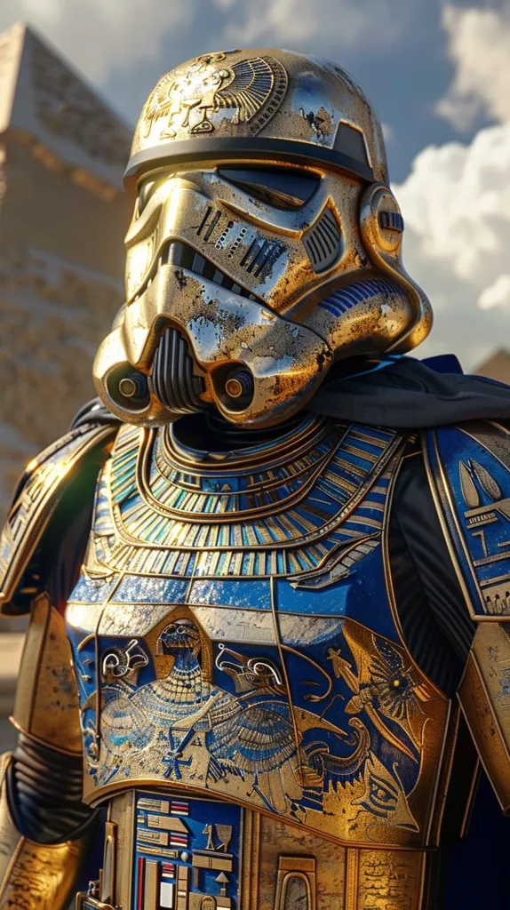 A Stormtrooper from Star Wars is depicted in a golden Egyptian-inspired armor. The helmet is adorned with intricate details, including a stylized Egyptian falcon. The armor itself is a mix of gold and blue, with intricate carvings and symbols that evoke ancient Egypt. The background features a blurred image of a pyramid.  The image captures a blend of science fiction and ancient history, creating a visually striking and unique portrayal of a Stormtrooper.