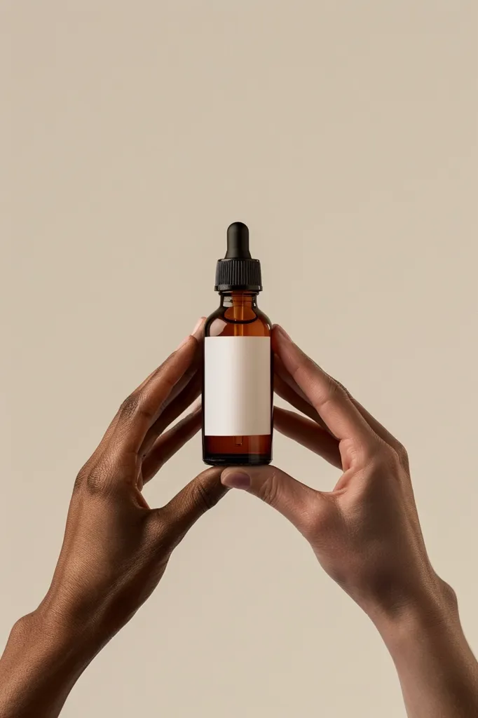 Two hands, one light and one dark, hold a small amber glass bottle with a dropper top. The bottle has a plain white label, making it perfect for branding or product display. The hands are positioned to create a triangle shape, showcasing the bottle in a minimalist and modern way. The background is a simple beige, providing a neutral canvas for the product.  The image focuses on the bottle and the hands, emphasizing the product and its potential for customization.