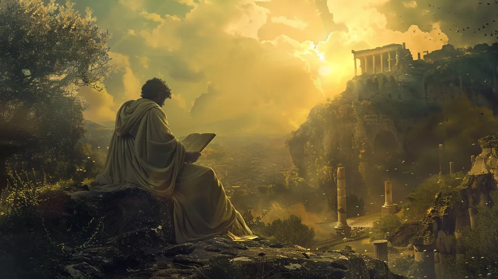 A solitary figure, cloaked in white, sits on a rocky outcropping, a book open in their lap.  They gaze out towards a distant city nestled in the valley below, shrouded in mist. Ruins of a once grand structure stand atop a cliff, overlooking the scene. The sky is ablaze with the golden hues of a setting sun, casting a warm glow over the landscape.  Birds flit through the air, adding to the sense of tranquility.