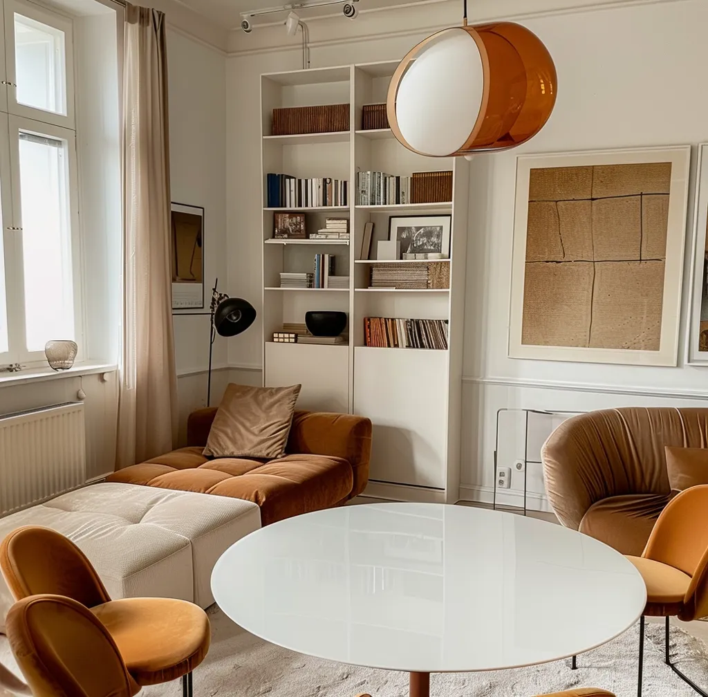 A modern living room with a white and brown color scheme. There is a large white bookshelf filled with books, a brown couch with white cushions, a white round table with two orange chairs, and a brown armchair. The room is decorated with a large framed picture, a floor lamp, and a unique white and orange hanging lamp. The sunlight streams through the window, illuminating the space.
