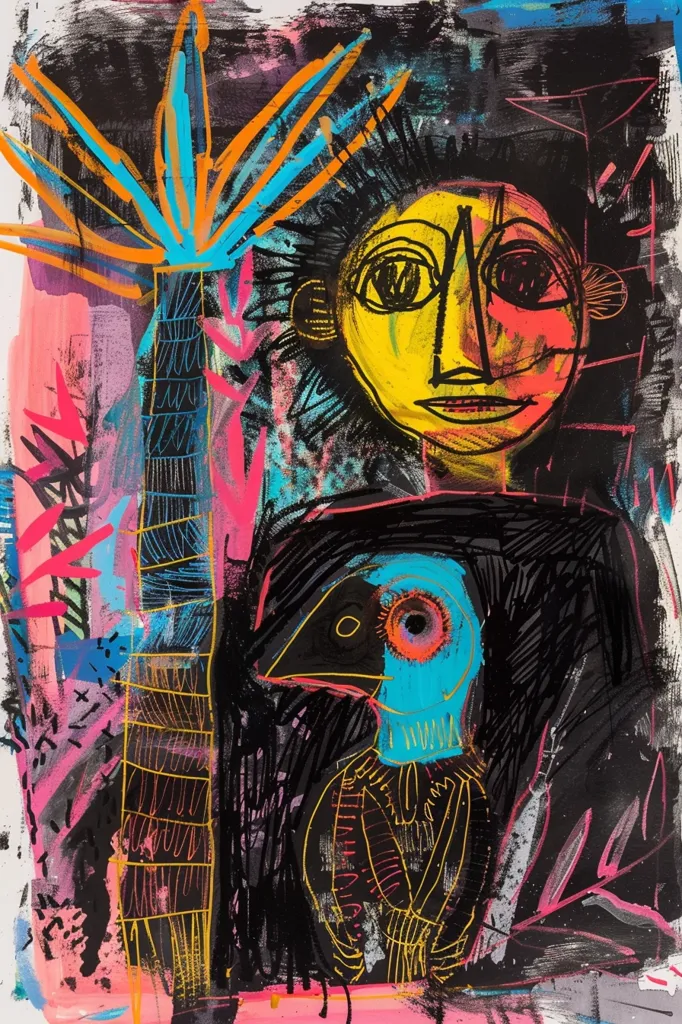 The image is a colorful abstract painting with a central figure of a person with a yellow face and black hair. The face is stylized with large, expressive eyes and a defined nose. The person is partially obscured by a large, stylized blue and orange tree to the left. A stylized blue and black bird is in front of the person, its head tilted to the side. The background is a vibrant mix of pink, black, and blue with various shapes and lines creating a sense of movement and energy.