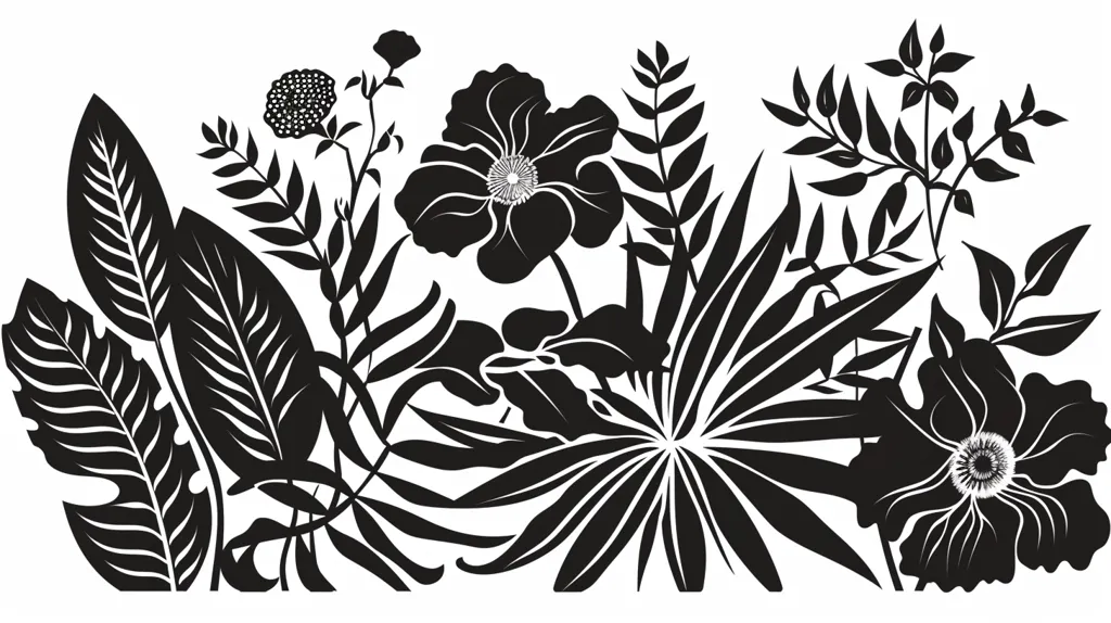 A black and white silhouette of a variety of tropical plants and flowers.  Two large flowers with multiple petals are surrounded by smaller flowers, leaves, and branches in a dense and intricate arrangement. The image is bold and graphic, creating a sense of depth and texture.