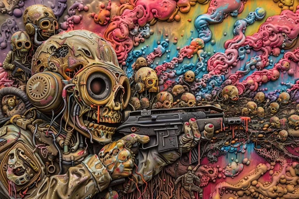 A grotesque, skeletal figure, wearing a gas mask and holding a rifle, emerges from a chaotic landscape of skulls and fleshy, biomorphic growths. The background is a vibrant swirl of colors, suggesting a toxic and surreal environment. The image is both disturbing and fascinating, a commentary on the dangers of technology and war.