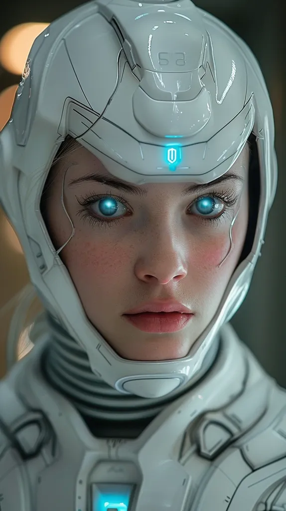 A woman in a white futuristic helmet looks directly at the viewer. Her eyes are a piercing blue, and her expression is serious. The helmet is detailed with intricate lines and shapes, and there is a blue light emanating from the top. The overall effect is one of power and sophistication.