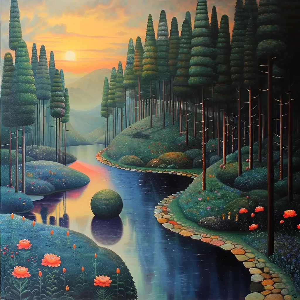 The painting depicts a serene landscape with a winding river flowing through a lush forest. The river is calm and reflective, with a large, round stone floating in the middle. The forest is dense with tall, slender trees, and the ground is covered in vibrant flowers. The sky is a soft orange and yellow, suggesting a sunset or sunrise. The scene evokes a sense of peace and tranquility.