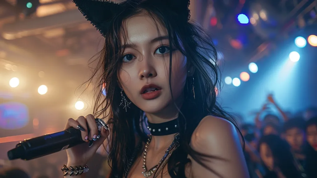 A young woman with long black hair and cat ears is singing into a microphone. She is wearing a black choker and several necklaces. The background is a blurred out nightclub with bright lights and people dancing. She is looking directly at the camera with an intense expression.
